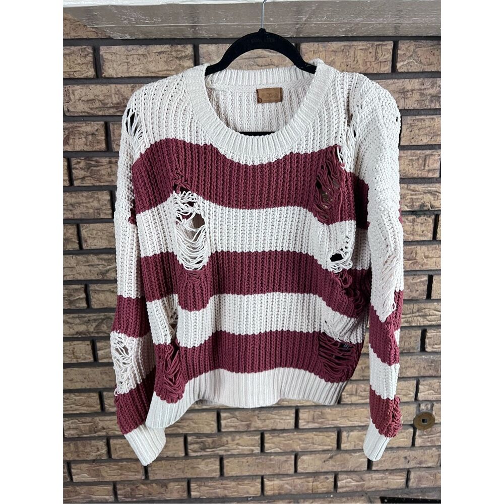 POL Ivory & Rusted Coral Distressed Soft-Knit Pullover Sweater MEDIUM